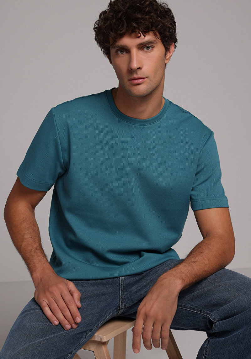 Comfort Fit Yuvarlak Yaka Düz Erkek Mavi Kısa Kol Tişört
