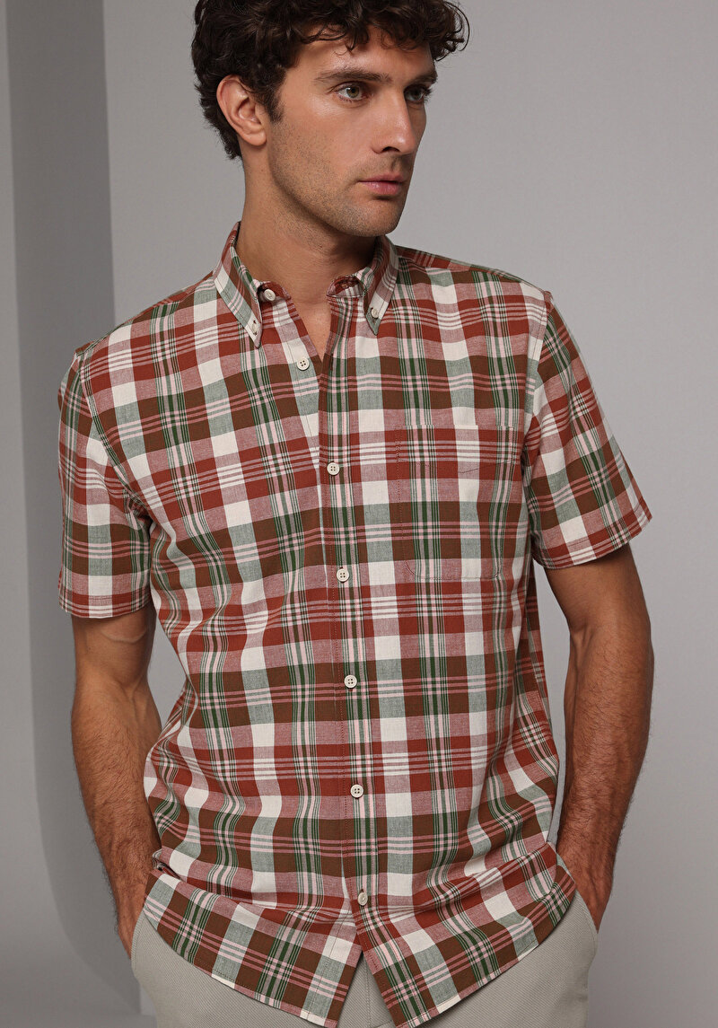 Regular Fit Shirt Neck Ekoseli Erkek Yeşil Kısa Kol Gömlek