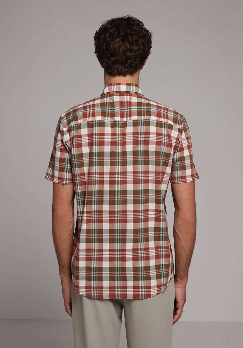 Regular Fit Shirt Neck Ekoseli Erkek Yeşil Kısa Kol Gömlek