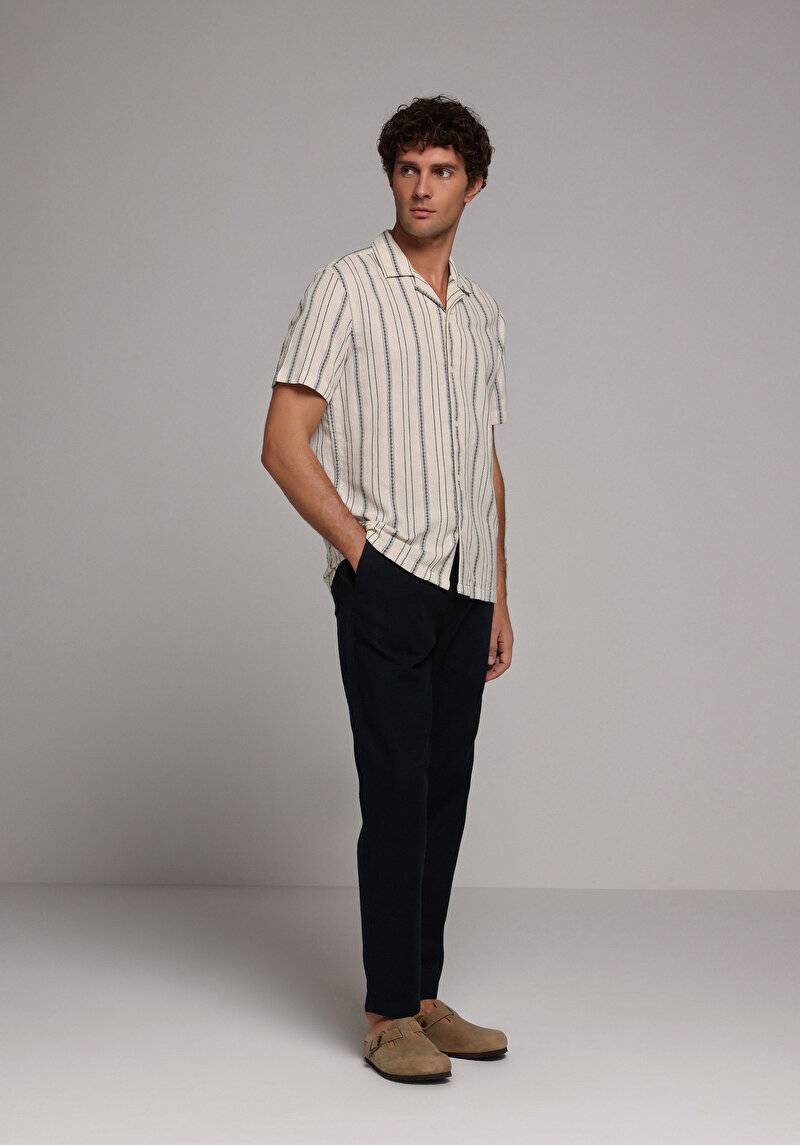 Regular Fit Shirt Neck Çizgili Erkek Ekru Kısa Kol Gömlek