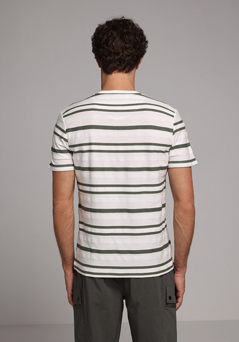 Regular Fit Yuvarlak Yaka Çizgili Erkek Beyaz Kısa Kol Tişört