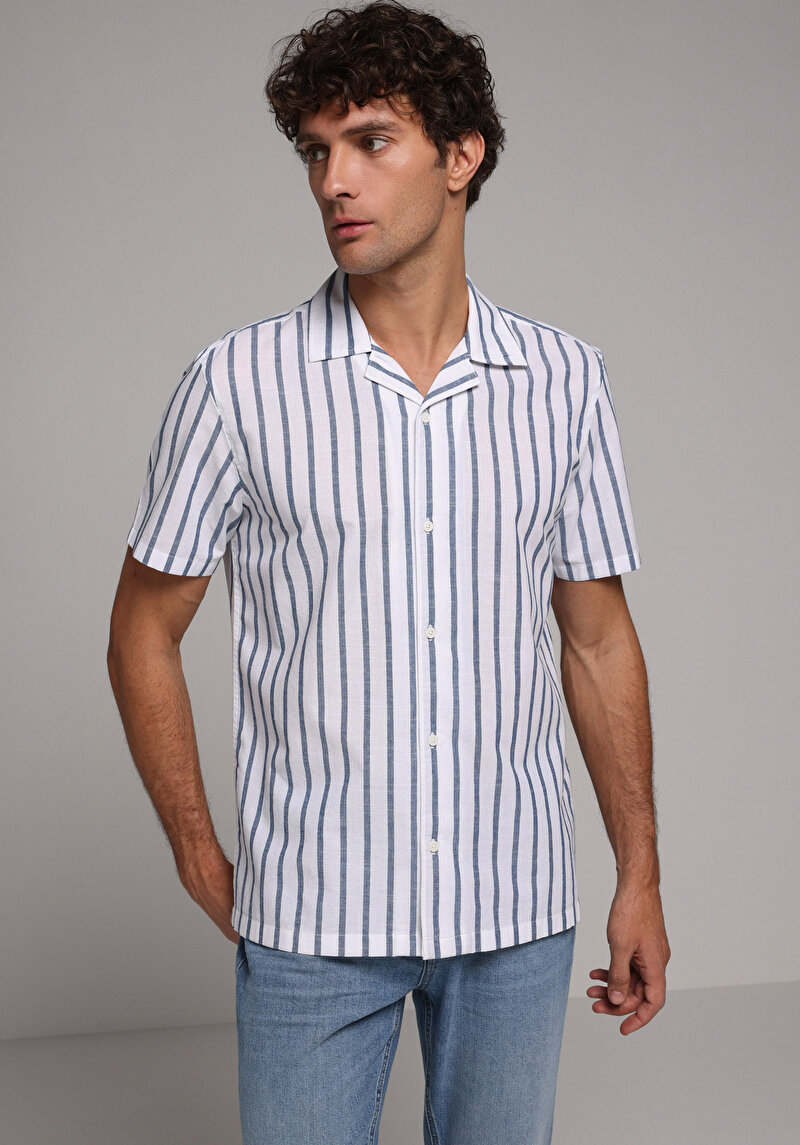 Regular Fit Shirt Neck Çizgili Erkek Mavi Kısa Kol Gömlek