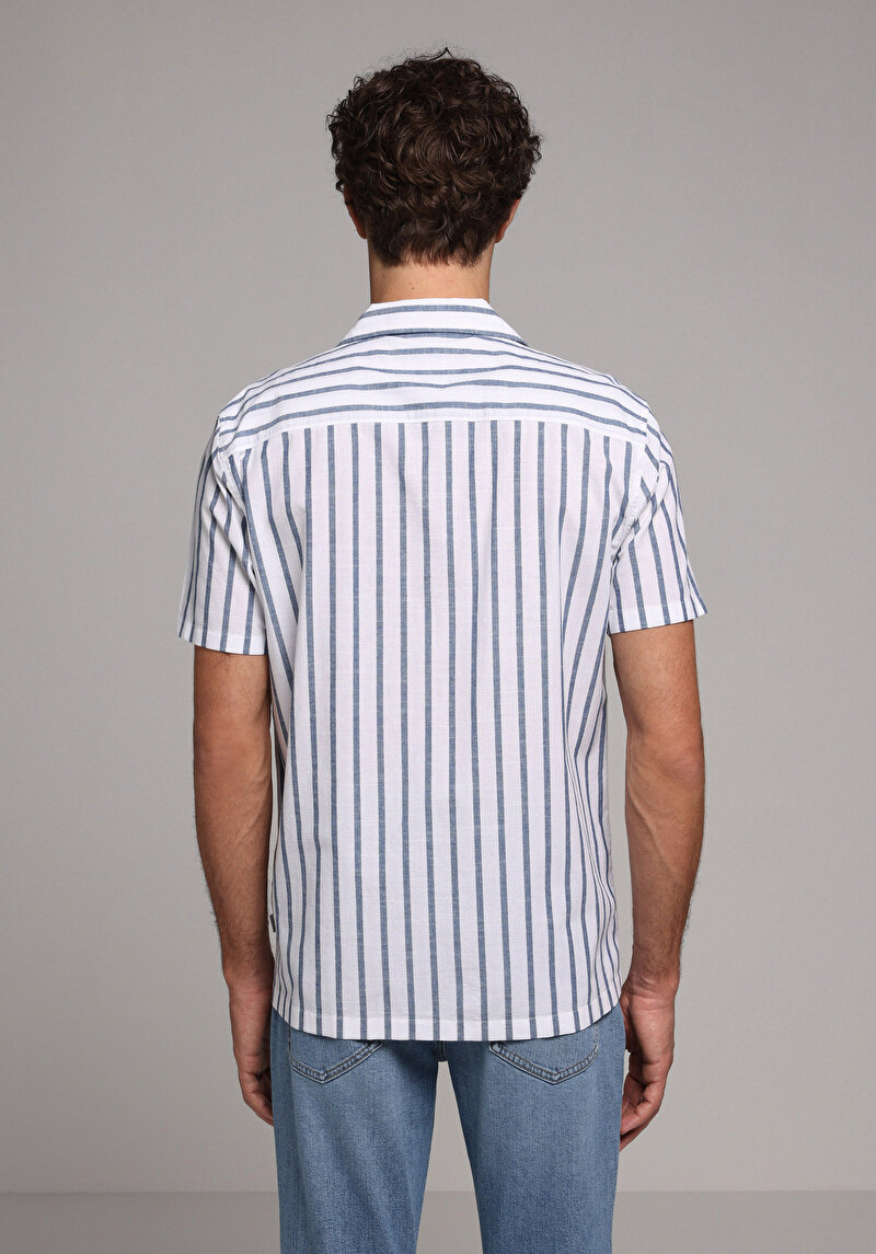 Regular Fit Shirt Neck Çizgili Erkek Mavi Kısa Kol Gömlek