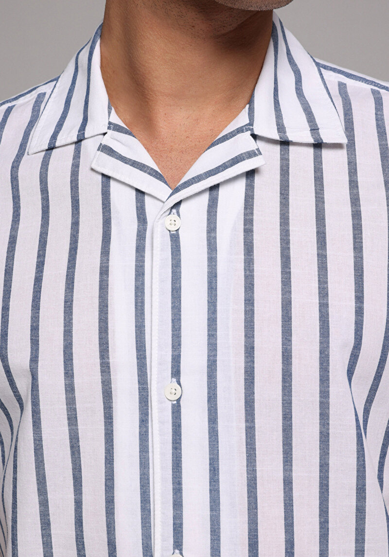 Regular Fit Shirt Neck Çizgili Erkek Mavi Kısa Kol Gömlek