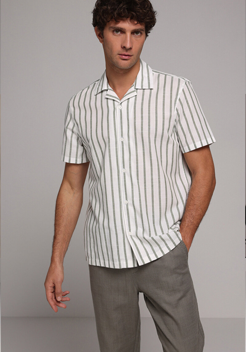 Regular Fit Shirt Neck Çizgili Erkek Yeşil Kısa Kol Gömlek