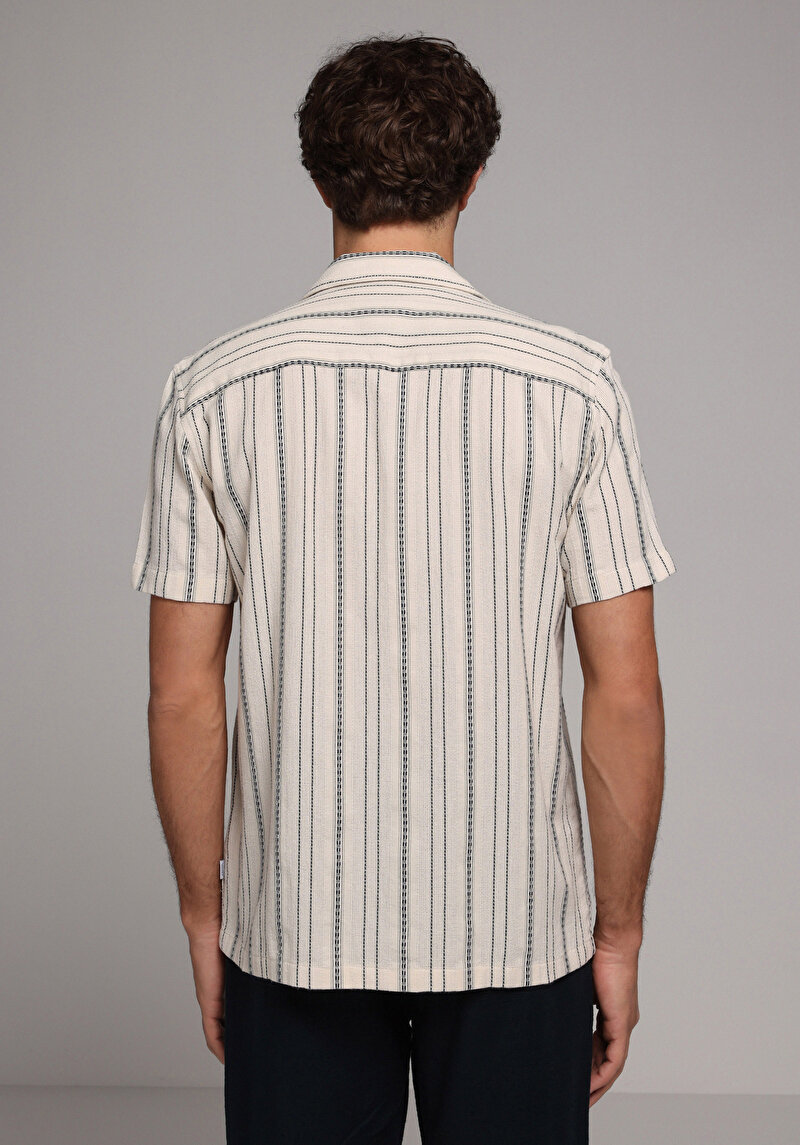 Regular Fit Shirt Neck Çizgili Erkek Yeşil Kısa Kol Gömlek