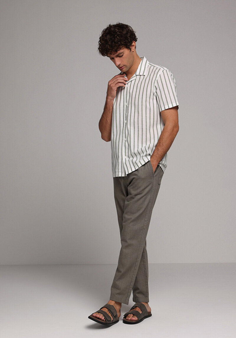 Regular Fit Shirt Neck Çizgili Erkek Yeşil Kısa Kol Gömlek