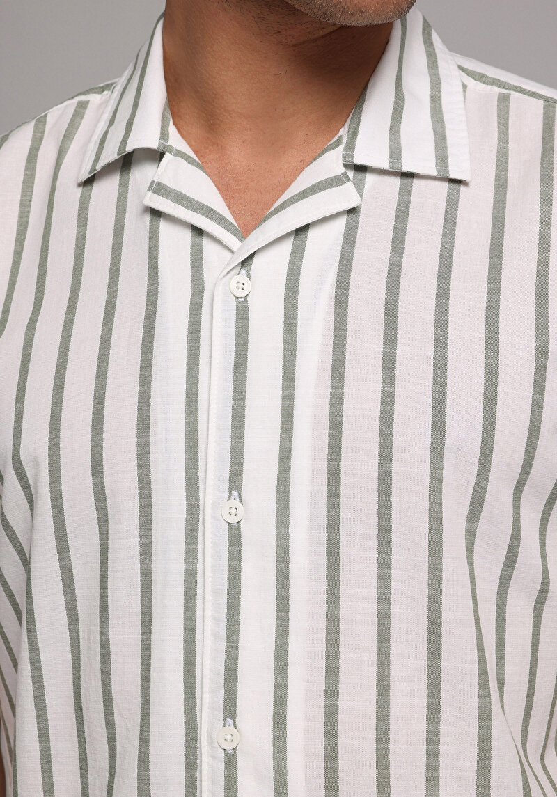 Regular Fit Shirt Neck Çizgili Erkek Yeşil Kısa Kol Gömlek
