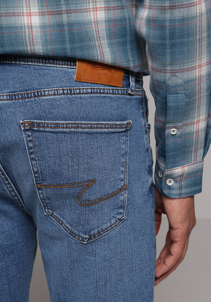 Regular Fit   Erkek Mid İndigo Denim Jean Pantolon