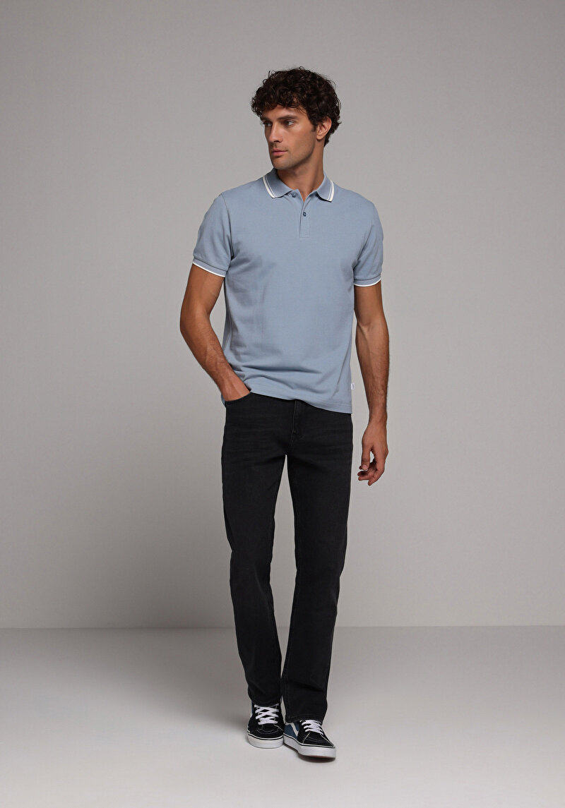 Regular Fit Polo Yaka Düz Erkek Mavi Kısa Kol Tişört