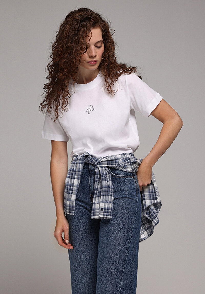 Boxy Fit Yuvarlak Yaka Baskılı Kadın Beyaz Kısa Kol Tişört