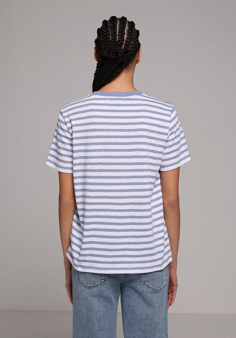 Regular Fit Yuvarlak Yaka Çizgili Kadın Mavi Kısa Kol Tişört