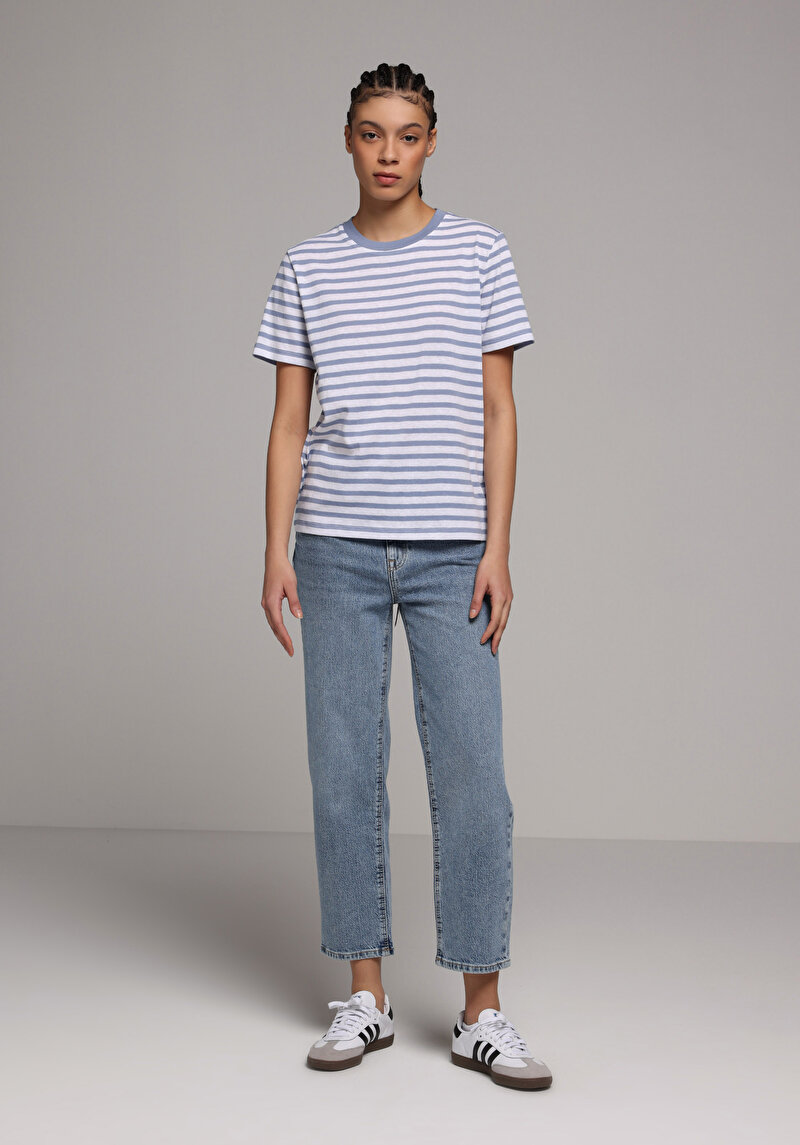Regular Fit Yuvarlak Yaka Çizgili Kadın Mavi Kısa Kol Tişört