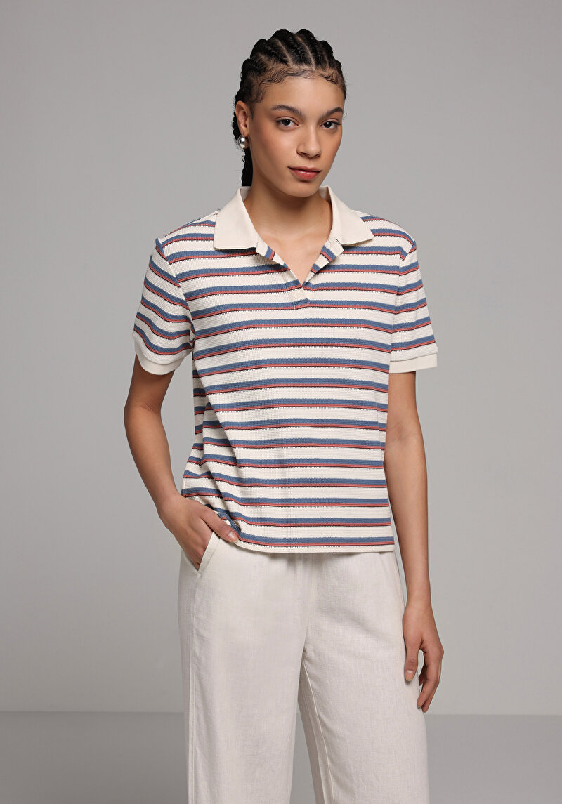 Regular Fit Polo Yaka Çizgili Kadın Çok Renkli Kısa Kol Tişört