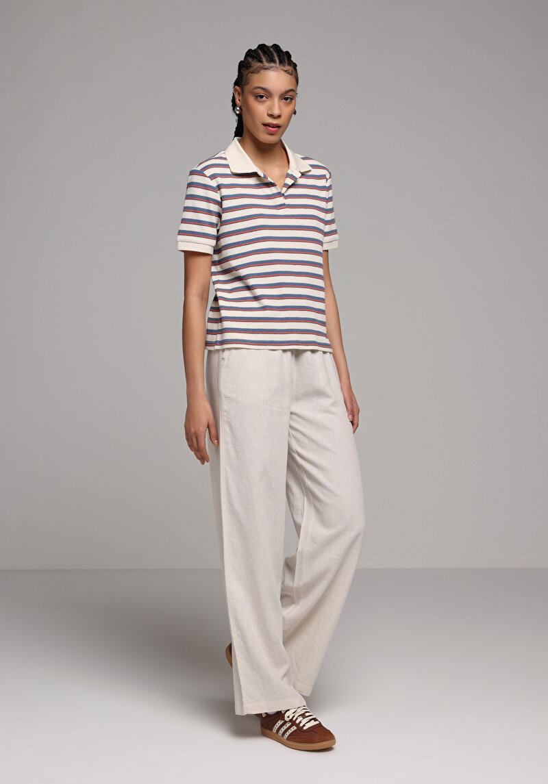 Regular Fit Polo Yaka Çizgili Kadın Çok Renkli Kısa Kol Tişört