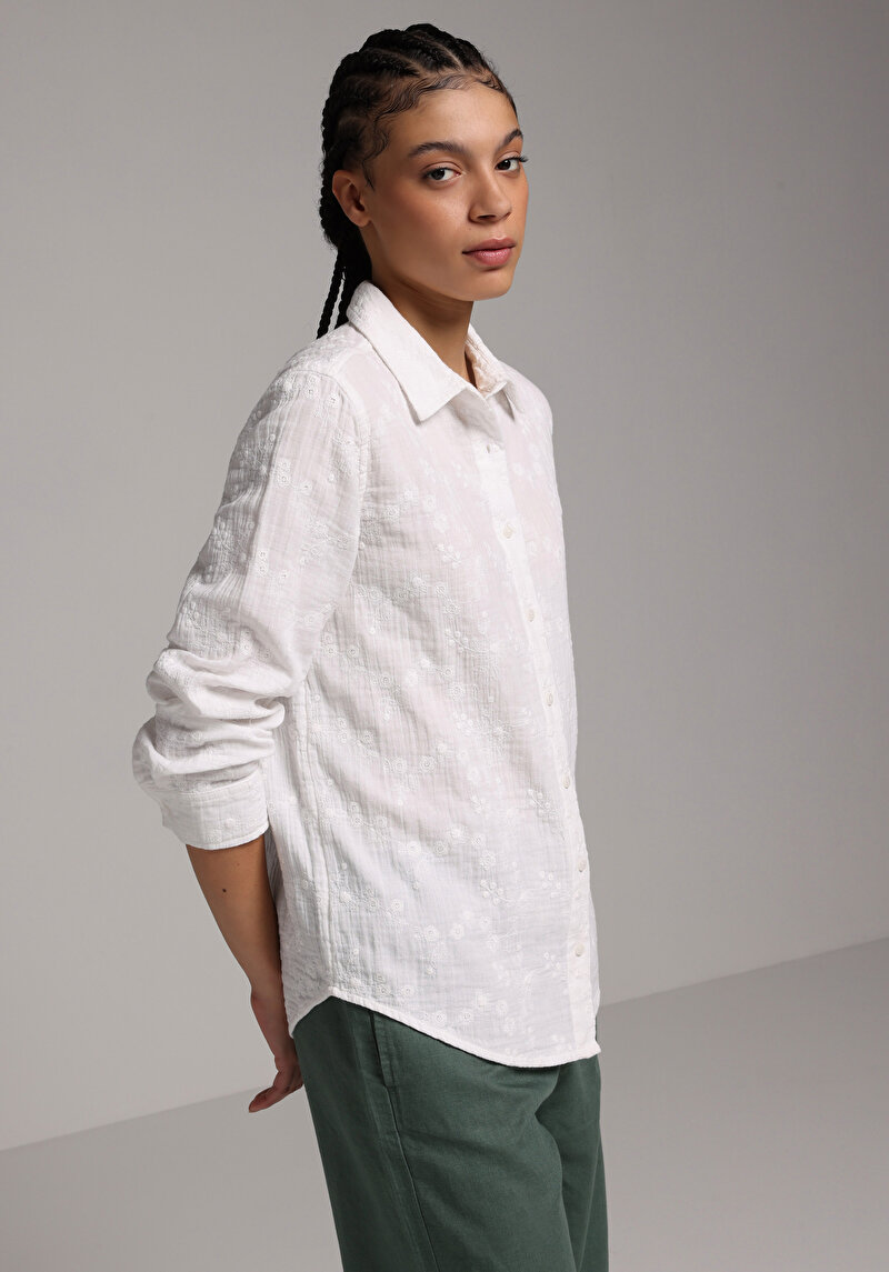 Regular Fit Shirt Neck Düz Kadın Beyaz Uzun Kol Gömlek