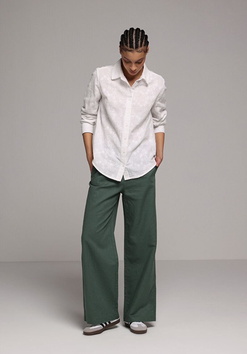 Regular Fit Shirt Neck Düz Kadın Beyaz Uzun Kol Gömlek