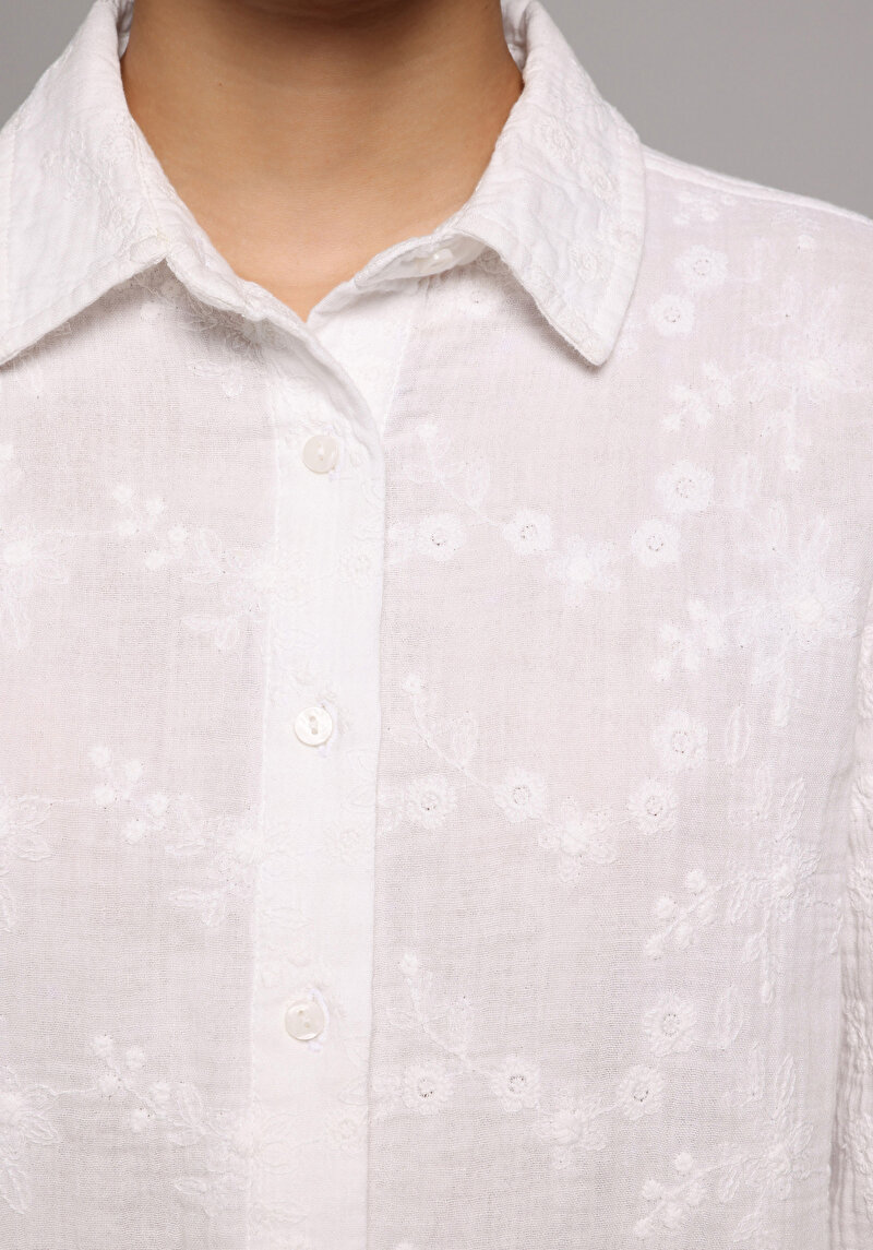 Regular Fit Shirt Neck Düz Kadın Beyaz Uzun Kol Gömlek