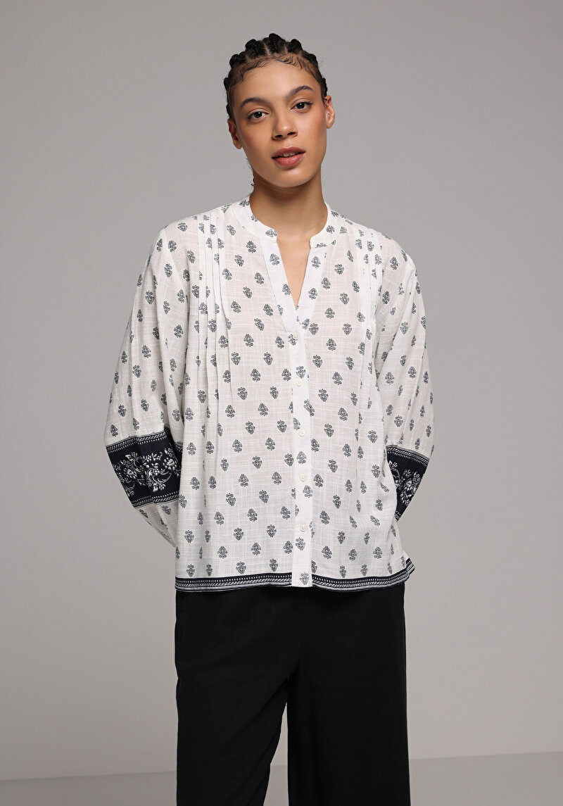 Fashion Fit Yuvarlak Yaka Baskılı Kadın Beyaz Uzun Kol Gömlek