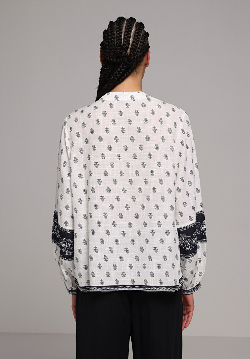 Fashion Fit Yuvarlak Yaka Baskılı Kadın Beyaz Uzun Kol Gömlek