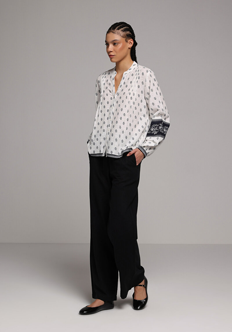 Fashion Fit Yuvarlak Yaka Baskılı Kadın Beyaz Uzun Kol Gömlek