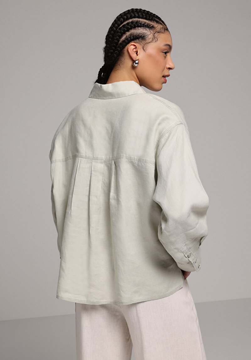 Fashion Fit Shirt Neck Düz Kadın Yeşil Uzun Kol Gömlek