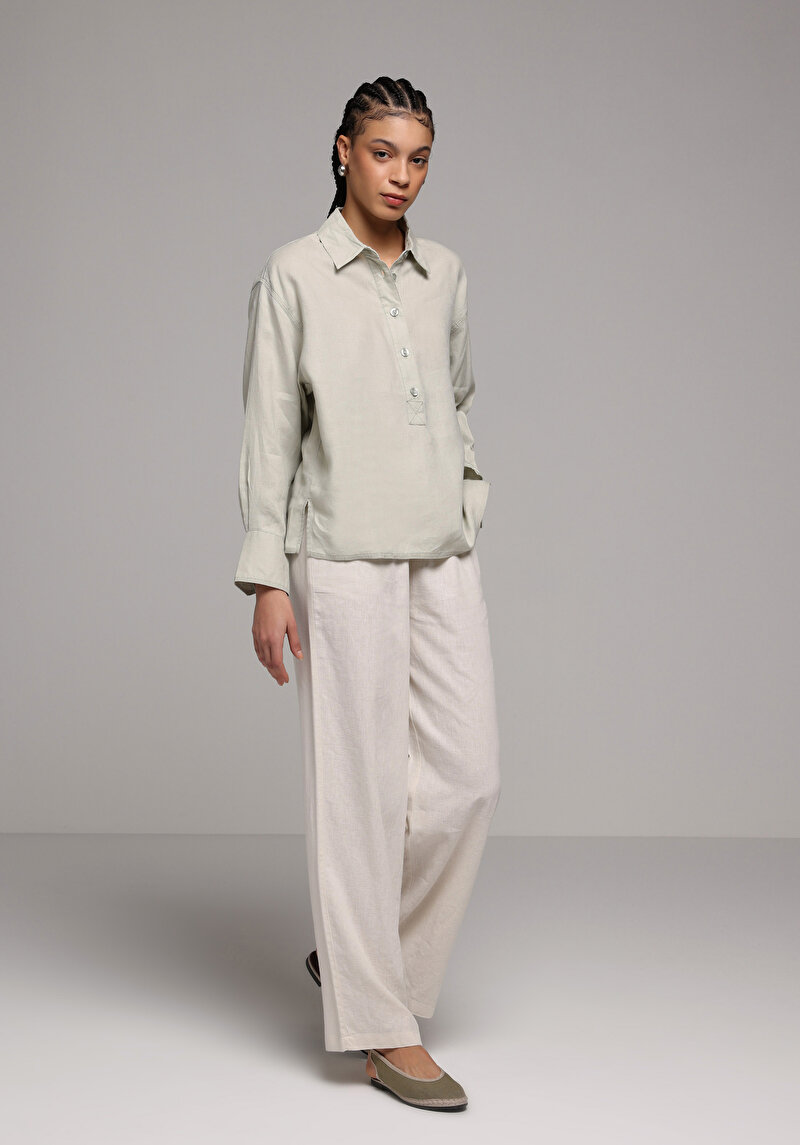 Fashion Fit Shirt Neck Düz Kadın Yeşil Uzun Kol Gömlek