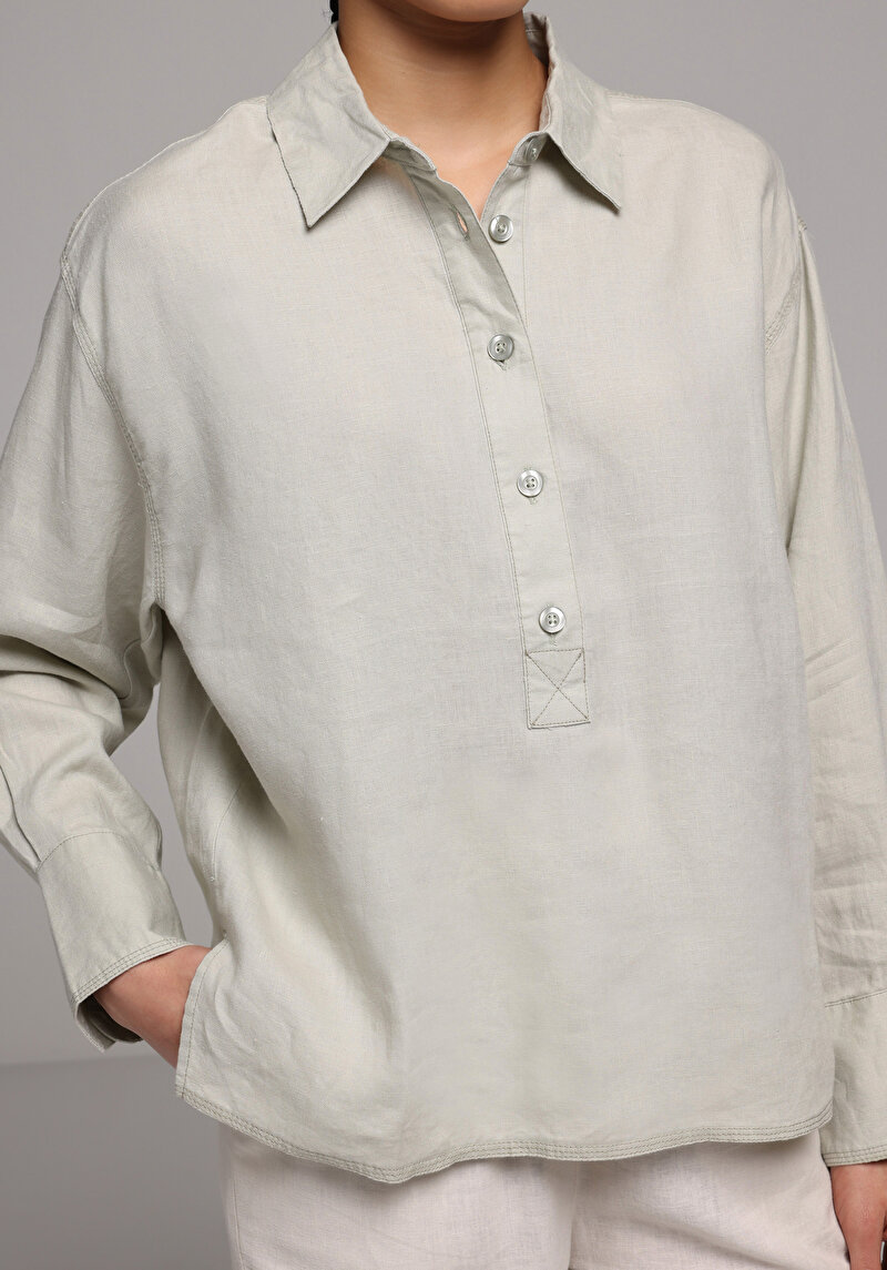 Fashion Fit Shirt Neck Düz Kadın Yeşil Uzun Kol Gömlek