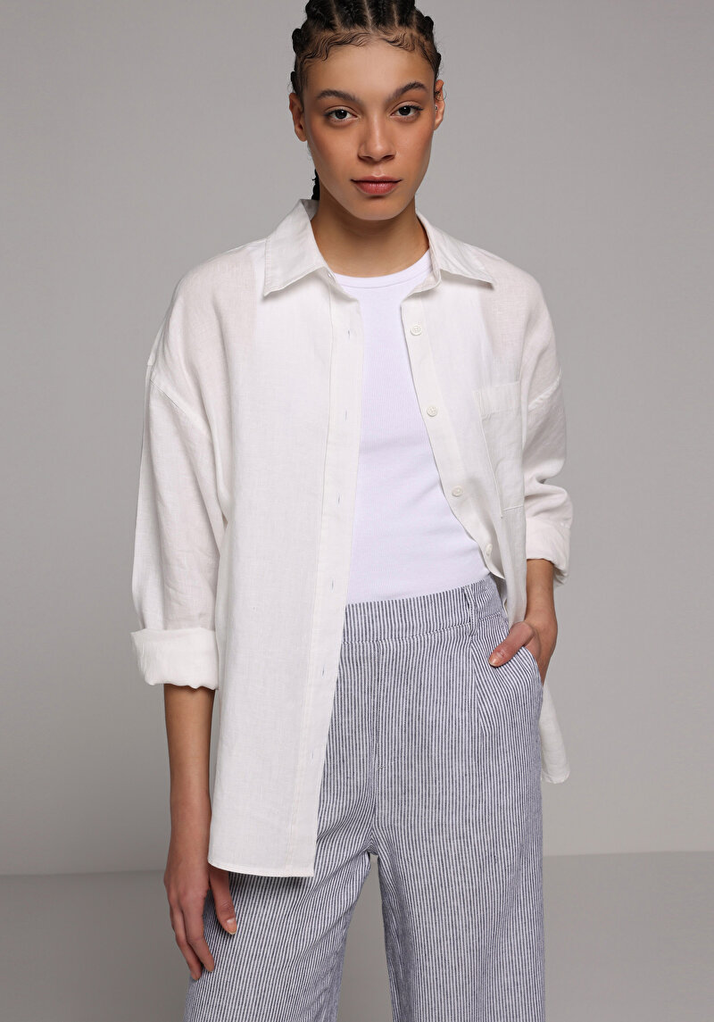 Boyfriend Fit Shirt Neck Düz Kadın Beyaz Uzun Kol Gömlek