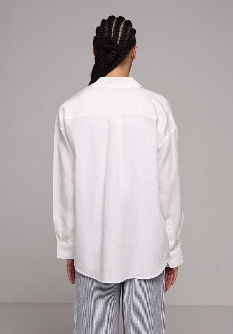 Boyfriend Fit Shirt Neck Düz Kadın Beyaz Uzun Kol Gömlek