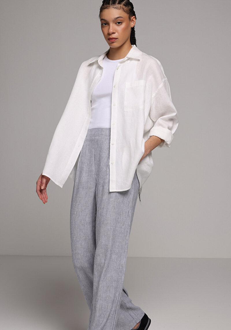 Boyfriend Fit Shirt Neck Düz Kadın Beyaz Uzun Kol Gömlek