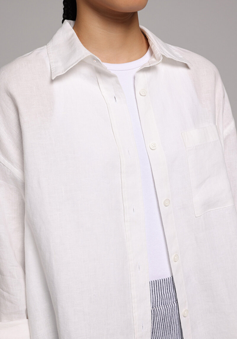 Boyfriend Fit Shirt Neck Düz Kadın Beyaz Uzun Kol Gömlek