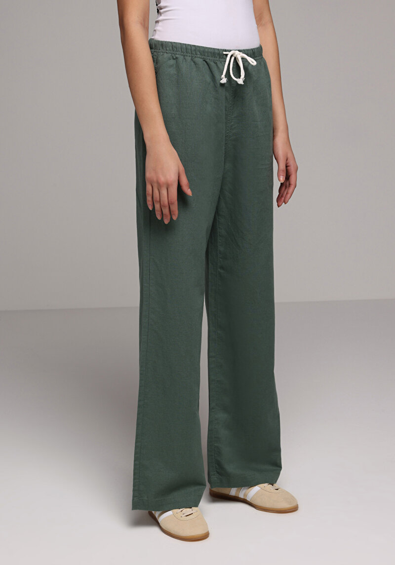 Regular Fit Yüksel Bel Geniş Paça Kadın Yeşil  Pantolon