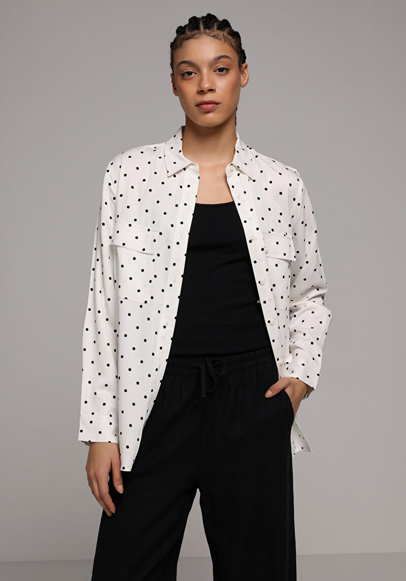 Regular Fit Shirt Neck Puantiyeli Kadın Ekru Uzun Kol Gömlek