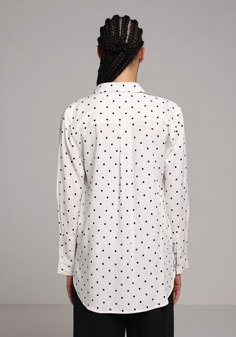 Regular Fit Shirt Neck Puantiyeli Kadın Ekru Uzun Kol Gömlek