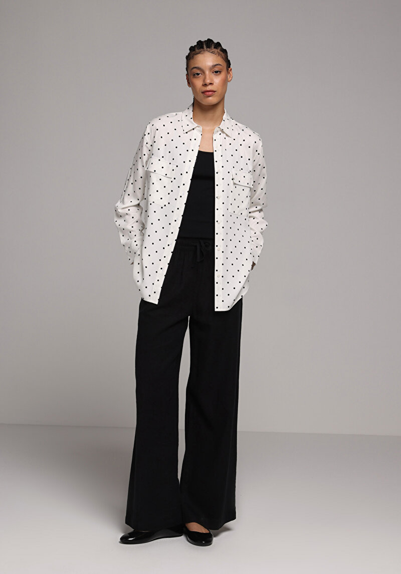 Regular Fit Shirt Neck Puantiyeli Kadın Ekru Uzun Kol Gömlek