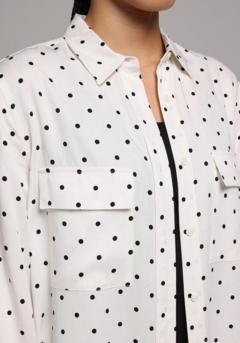 Regular Fit Shirt Neck Puantiyeli Kadın Ekru Uzun Kol Gömlek