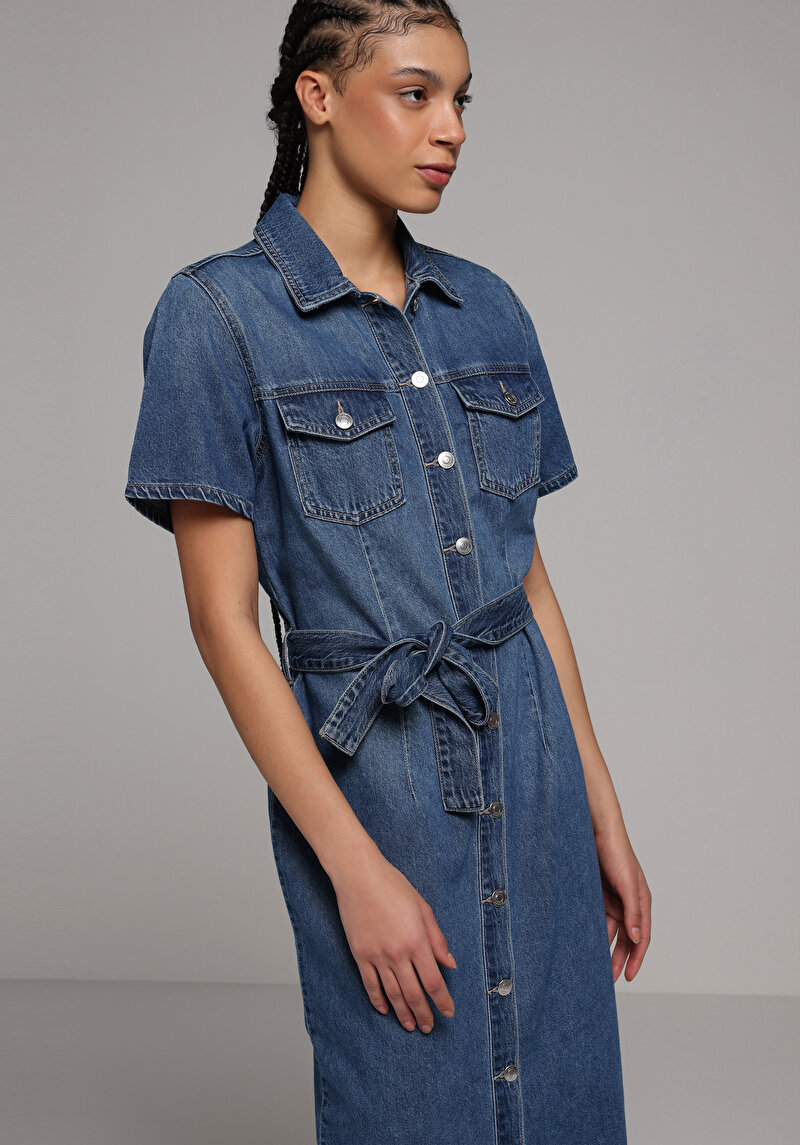 Slim Fit Düz Kadın Mid İndigo Denim Kısa Kol Elbise