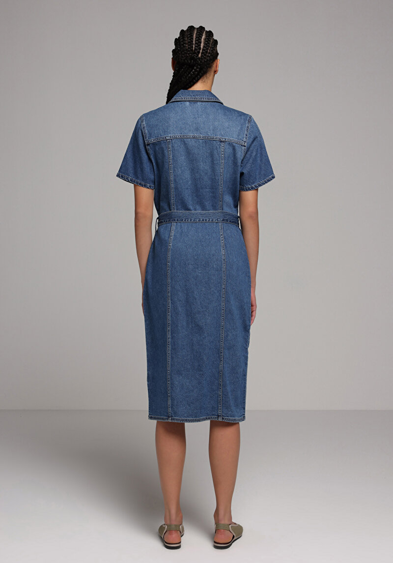 Slim Fit Düz Kadın Mid İndigo Denim Kısa Kol Elbise