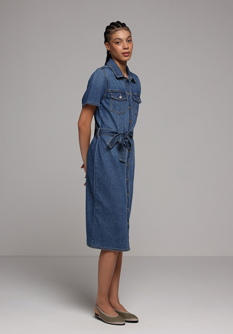 Slim Fit Düz Kadın Mid İndigo Denim Kısa Kol Elbise