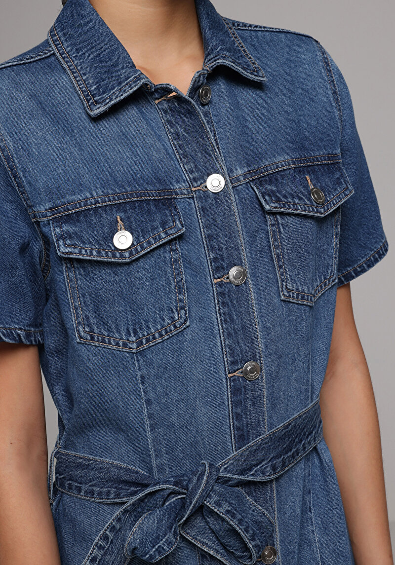 Slim Fit Düz Kadın Mid İndigo Denim Kısa Kol Elbise