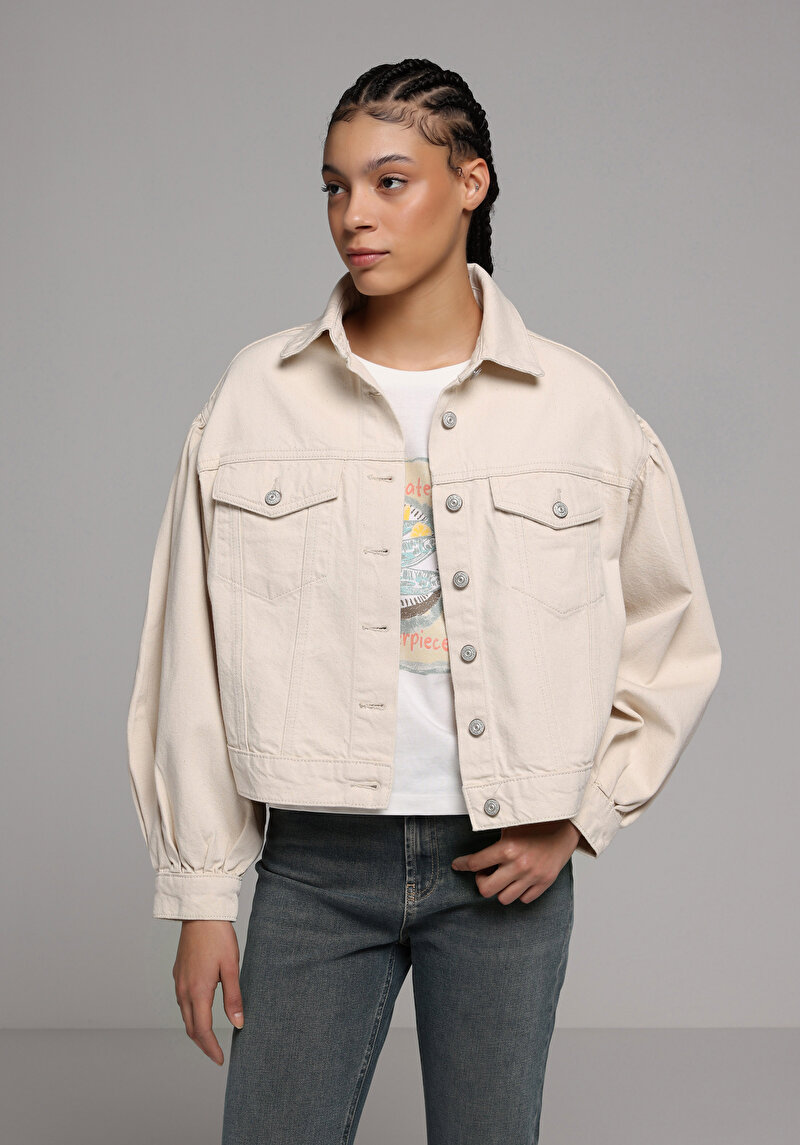 Oversize Fit Düğmeli Astarsız  Kadın Ecru Denim Ceket
