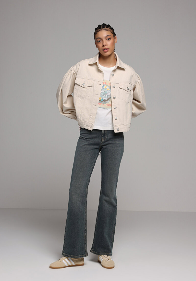 Oversize Fit Düğmeli Astarsız Kadın Ecru Denim Ceket