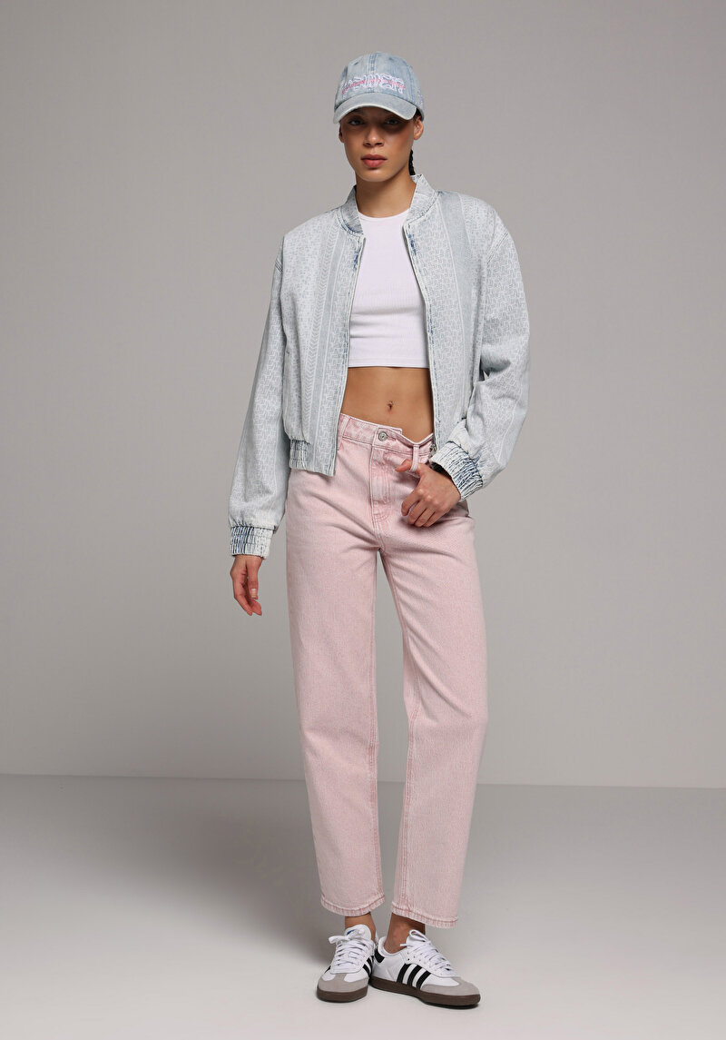 Regular Fit Fermuarlı Astarsız  Kadın Bleach İndigo Denim Ceket