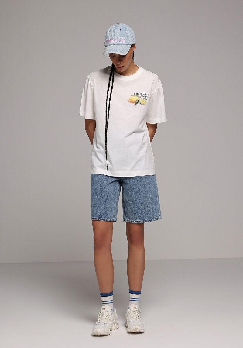 Regular Fit Yüksel Bel Düz Kadın Mid İndigo Denim Jean Şort