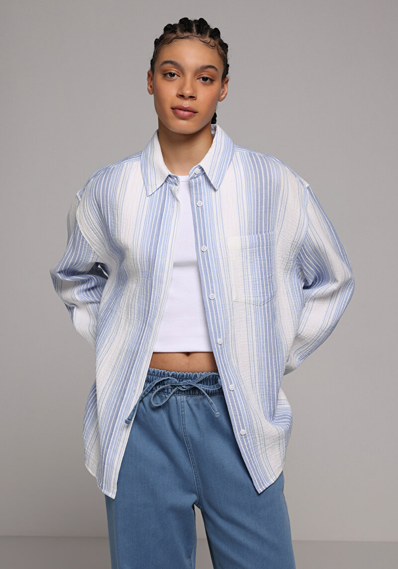 Oversize Shirt Neck Çizgili Kadın Mavi Uzun Kol Gömlek
