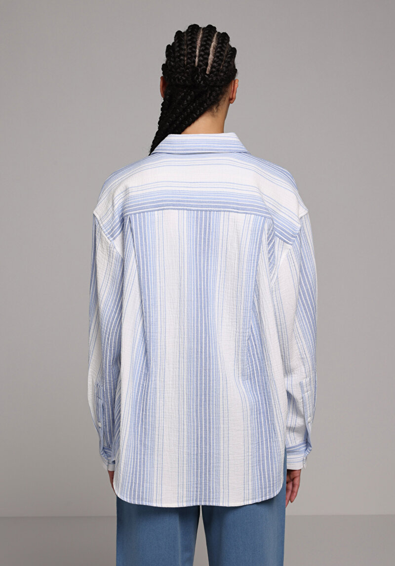 Oversize Shirt Neck Çizgili Kadın Mavi Uzun Kol Gömlek