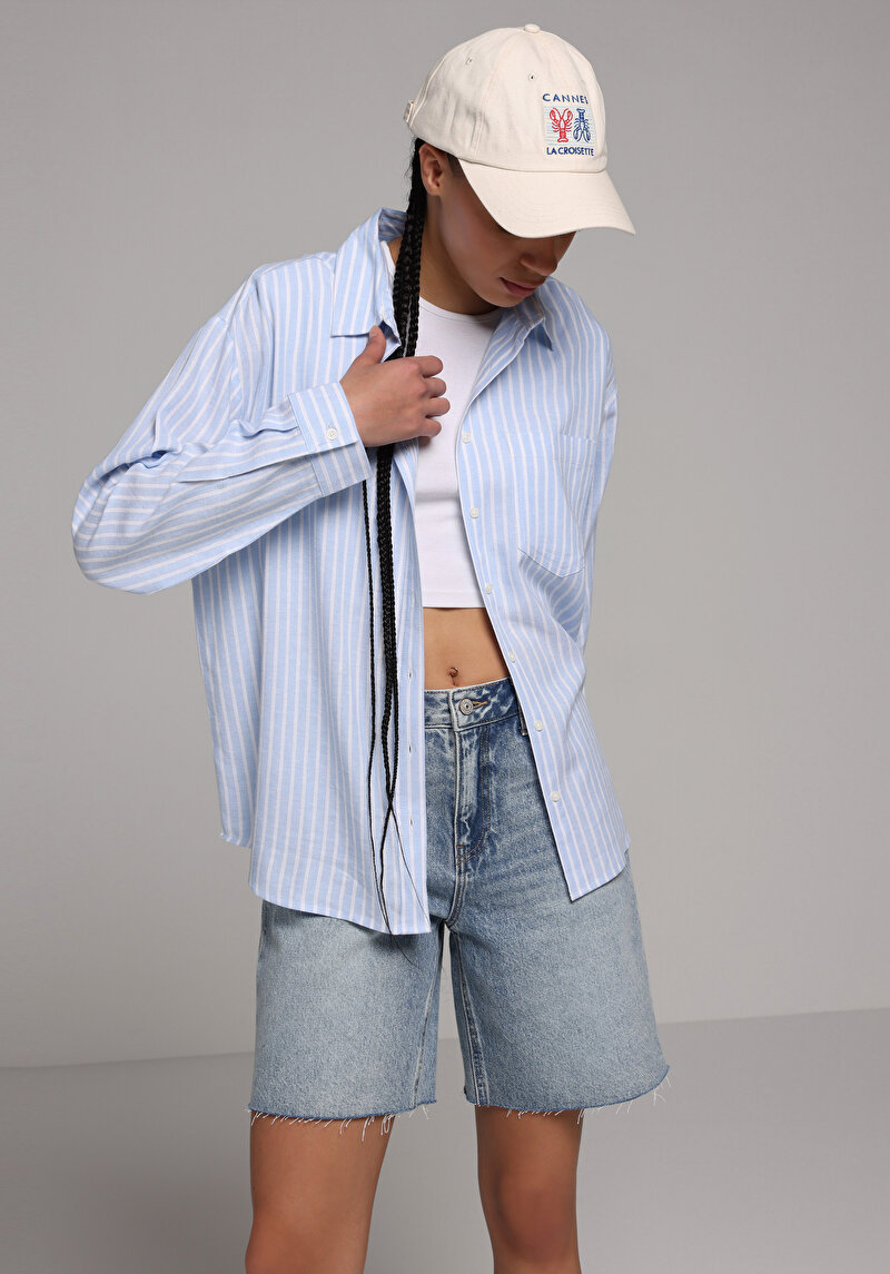 Boyfriend Fit Shirt Neck Çizgili Kadın Mavi Uzun Kol Gömlek