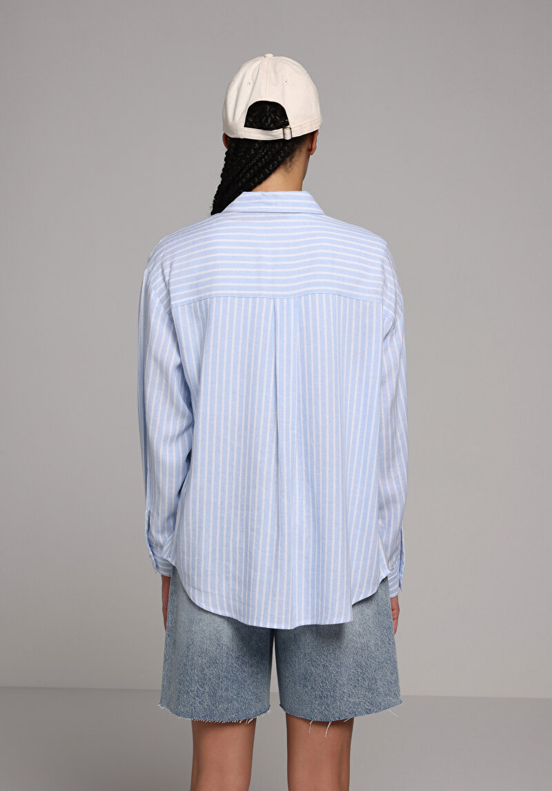 Boyfriend Fit Shirt Neck Çizgili Kadın Mavi Uzun Kol Gömlek