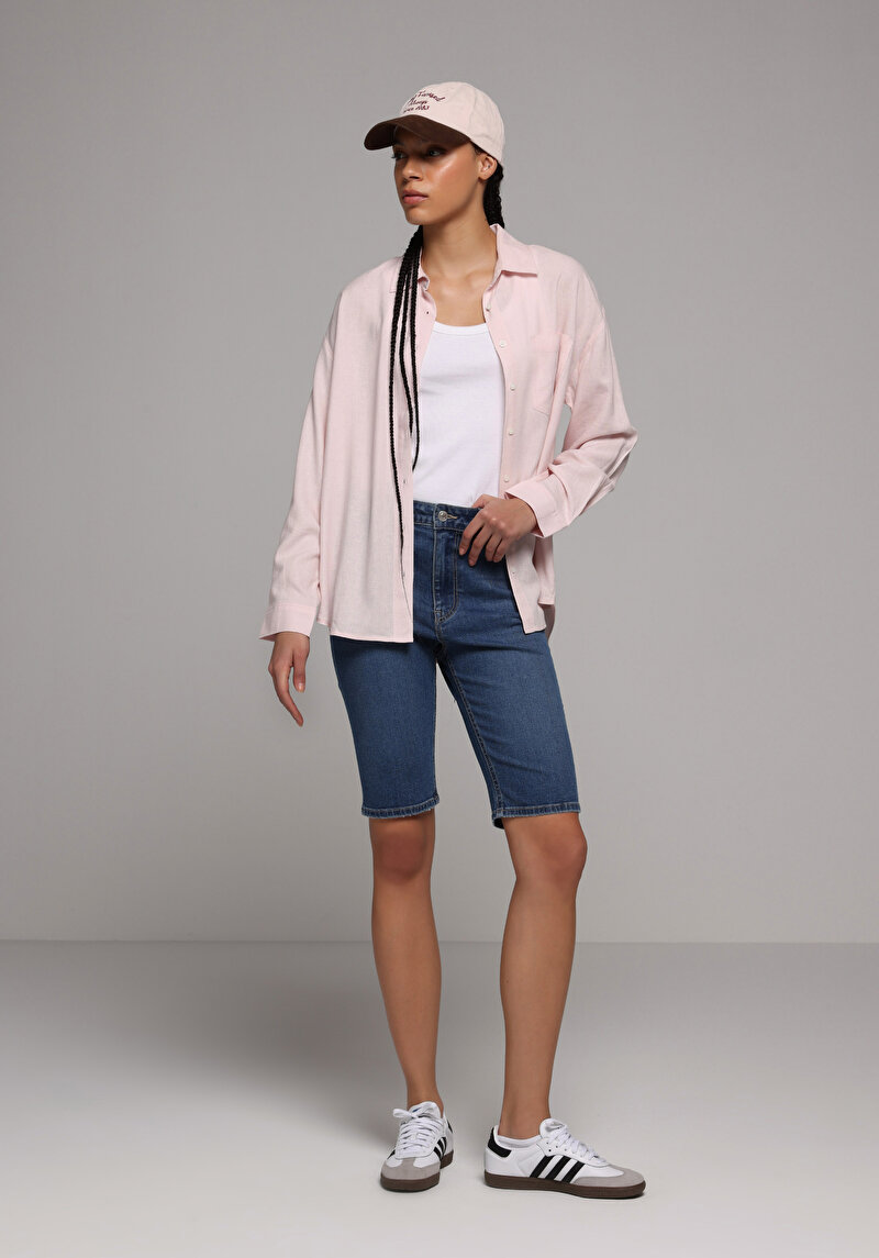 Boyfriend Fit Shirt Neck Düz Kadın Pembe Uzun Kol Gömlek